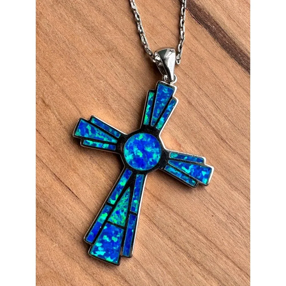 Sterling Silver Cross Pendant Necklace With Blue Opal Inlay 23" Chain For Women - Picture 6 of 8